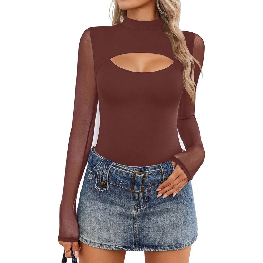 Women Long Sleeve Bodysuit Mesh Top Shapewear High Neck Size XS-2XL